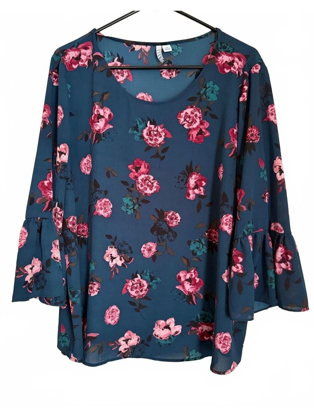 Elle Women's Blouse Size XXL Blue Floral Coquette Girl Cottage Floral Colorful